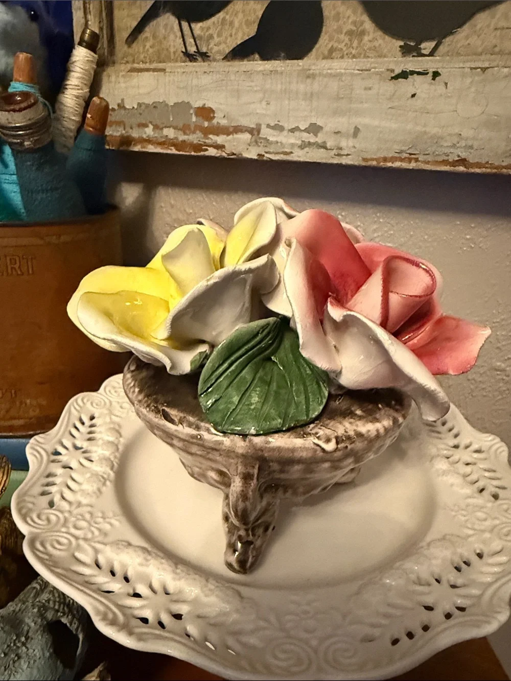 Handcrafted Ceramic Floral Accent Bowl in Yellow, Pink, White and Green